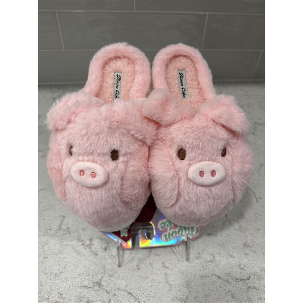 PINK PIG Ladies M Size 7/8 Memory Foam Hood Back Slippers House Shoes Faux Fur